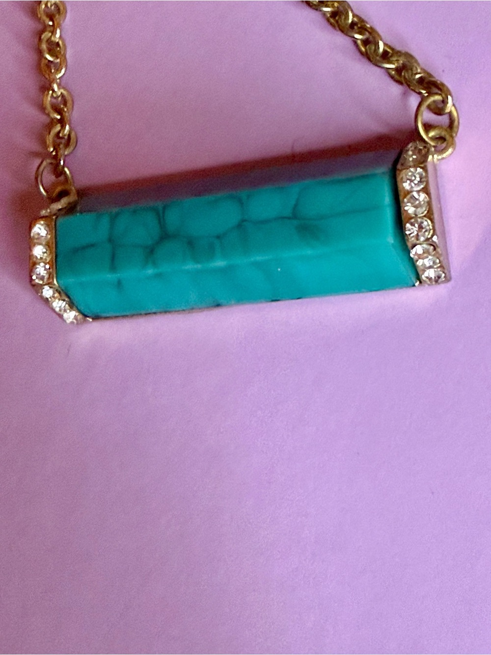 Turquoise Bar Pendant Necklace with Gold Chain and Crystal Accents